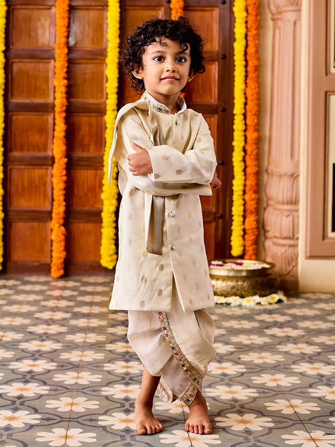 Infant Boy's' Cream Viscose Blend Sherwani And Dhoti Set