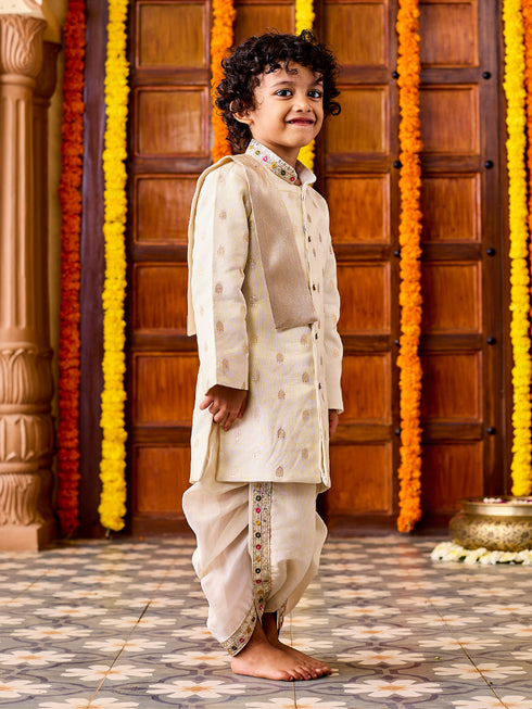 Infant Boy's' Cream Viscose Blend Sherwani And Dhoti Set