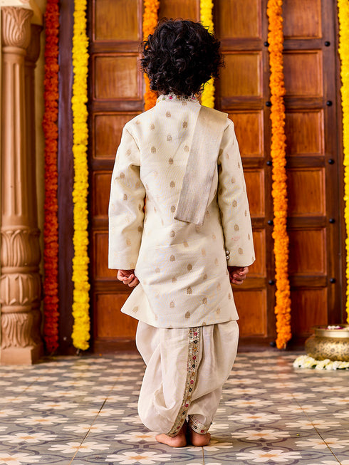 Infant Boy's' Cream Viscose Blend Sherwani And Dhoti Set