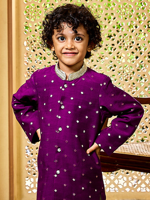 Infant Boy's' Purple And Cream Chanderi Kurta And Dhoti Set