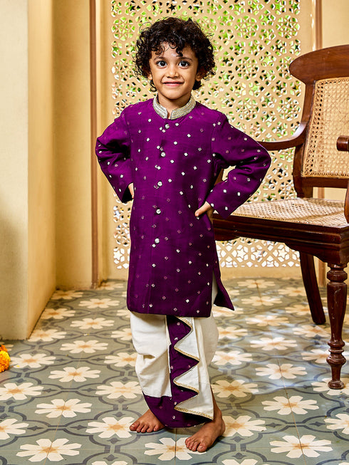 Infant Boy's' Purple And Cream Chanderi Kurta And Dhoti Set