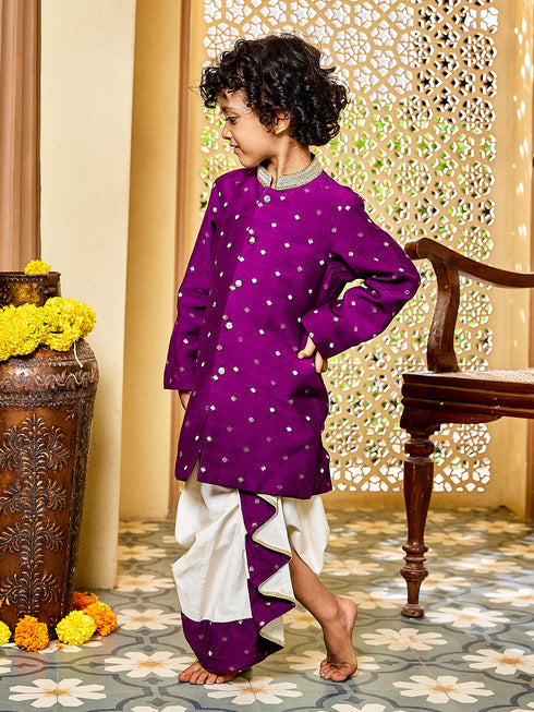 Infant Boy's' Purple And Cream Chanderi Kurta And Dhoti Set