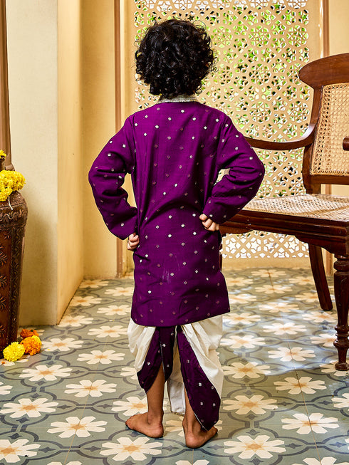 Infant Boy's' Purple And Cream Chanderi Kurta And Dhoti Set