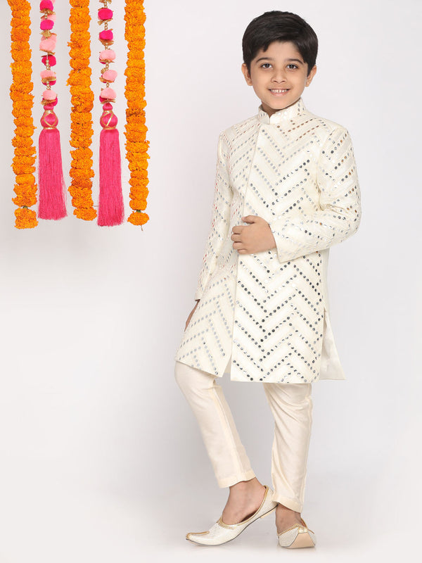 Boy's Cream-Colored Mirror Work Embellished Slim Fit Sherwani Set