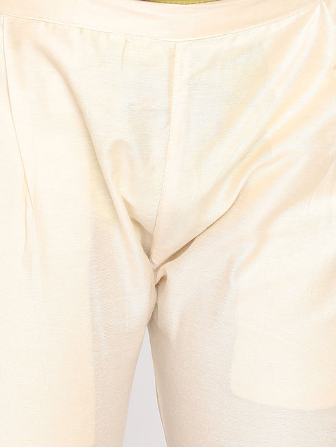 Boy's Cream-Colored Mirror Work Embellished Slim Fit Sherwani Set