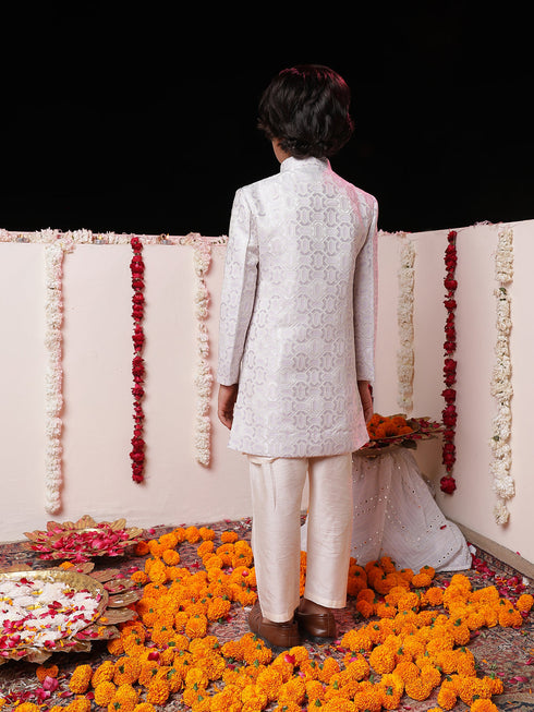 Boy's' Purple Jacquard Sherwani Set