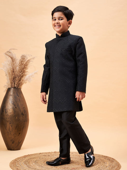 Boy's Black Glitter Indo Western Sherwani Set