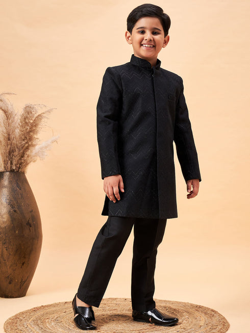 Boy's Black Glitter Indo Western Sherwani Set