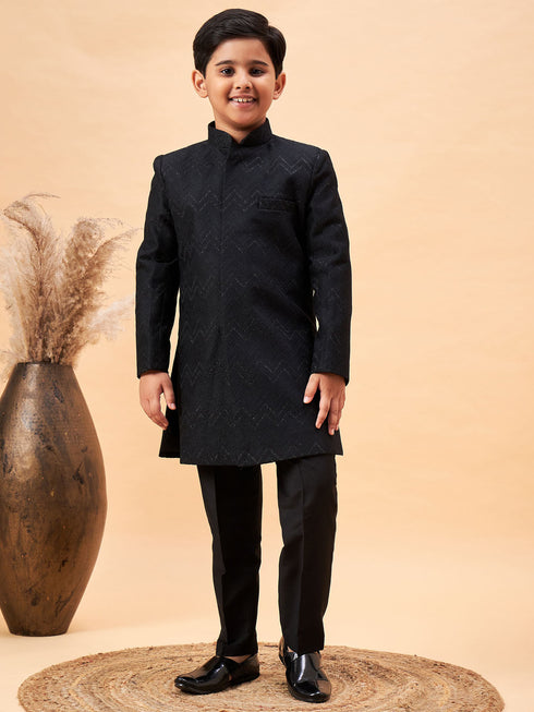 Boy's Black Glitter Indo Western Sherwani Set
