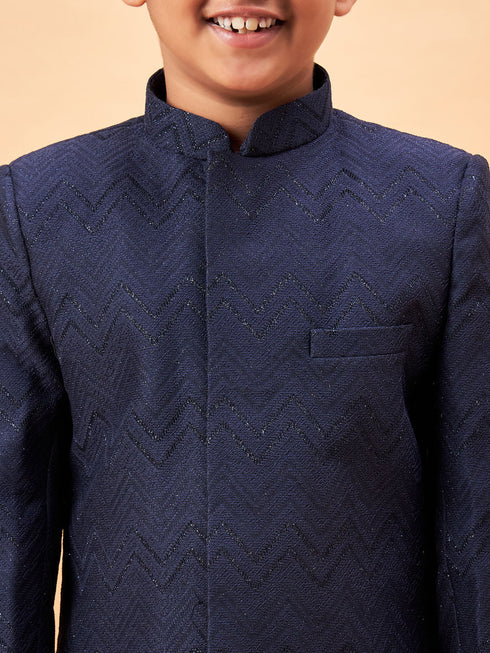 Boy's Navy Blue Glitter Indo Western Sherwani Set