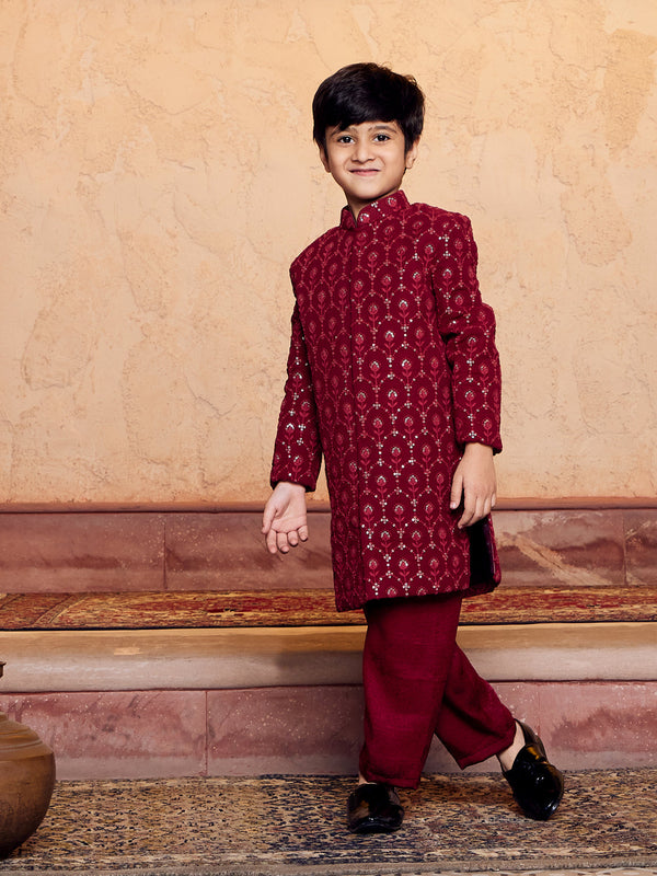 Boy's' Maroon Georgette Embroidered Indo Western Set