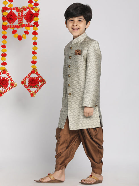 Boy's' Beige,Grey And Coffee Indowestern Sherwani And Cowl Dhoti Pant Set