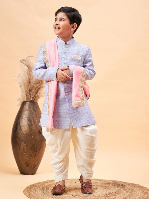 Boy's Lavender Indo Western Jacquard Sherwani And Dhoti Pant Set Come With Pinjk Dupatta