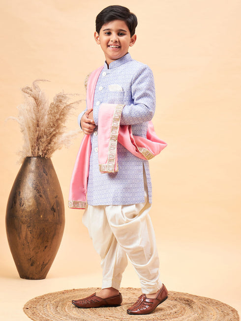 Boy's Lavender Indo Western Jacquard Sherwani And Dhoti Pant Set Come With Pinjk Dupatta