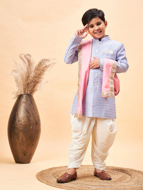 Boy's Lavender Indo Western Jacquard Sherwani And Dhoti Pant Set Come With Pinjk Dupatta