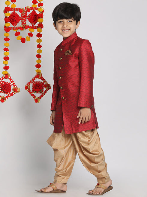 Boy's Maroon Indo Western Jacquard Sherwani And Dhoti Pant Set