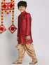 Boy's Maroon Indo Western Jacquard Sherwani And Dhoti Pant Set