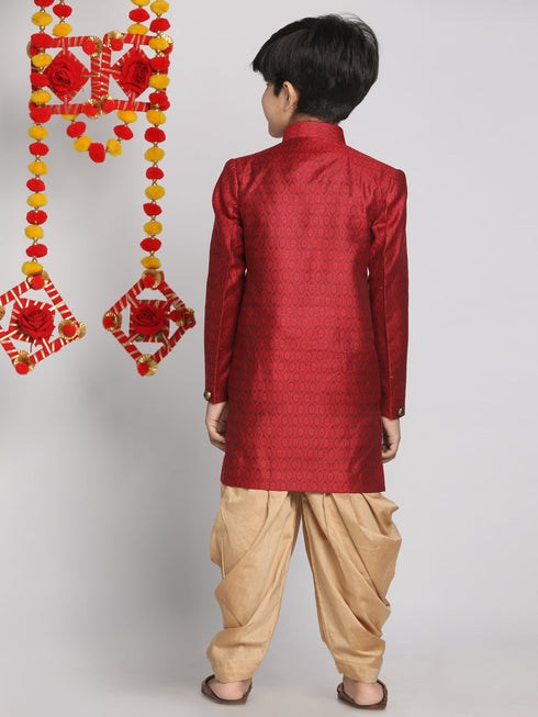 Boy's Maroon Indo Western Jacquard Sherwani And Dhoti Pant Set