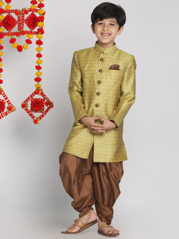 Boy's Yellow Indo Western Jacquard Sherwani And Dhoti Pant Set