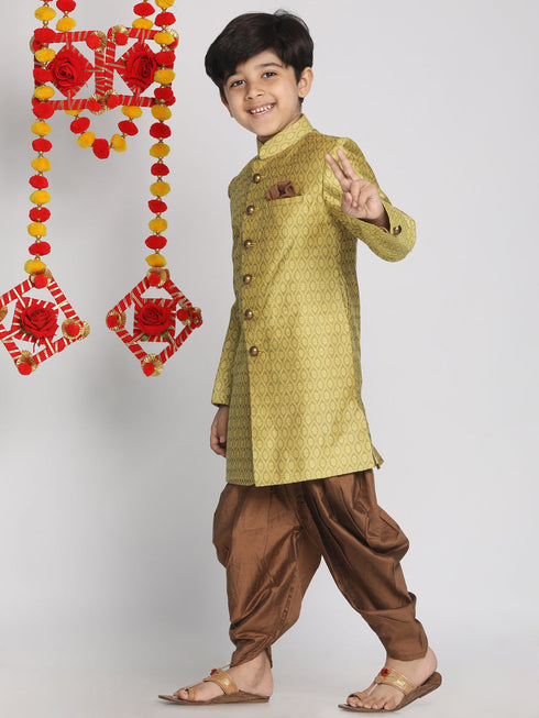Boy's Yellow Indo Western Jacquard Sherwani And Dhoti Pant Set