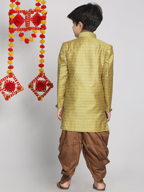 Boy's Yellow Indo Western Jacquard Sherwani And Dhoti Pant Set