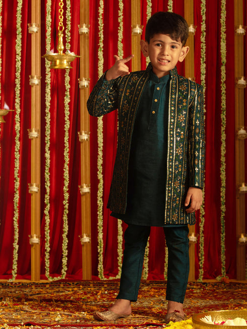 Boy's' Turquoise Blue Flapped Embroidered Sherwani Set