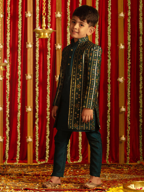 Boy's' Turquoise Blue Flapped Embroidered Sherwani Set
