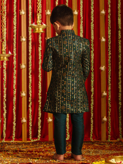 Boy's' Turquoise Blue Flapped Embroidered Sherwani Set