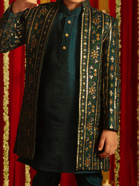 Boy's' Turquoise Blue Flapped Embroidered Sherwani Set