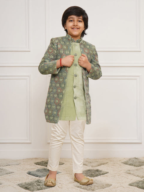 Boy's' Green Indo Western And Pyjama Set