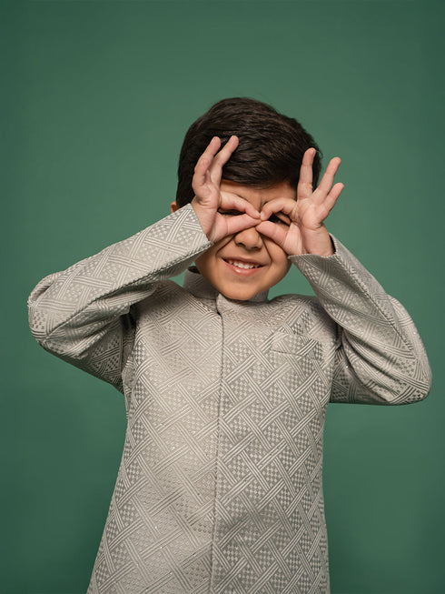 Boy's Silver Indo Western And Pyjama Set