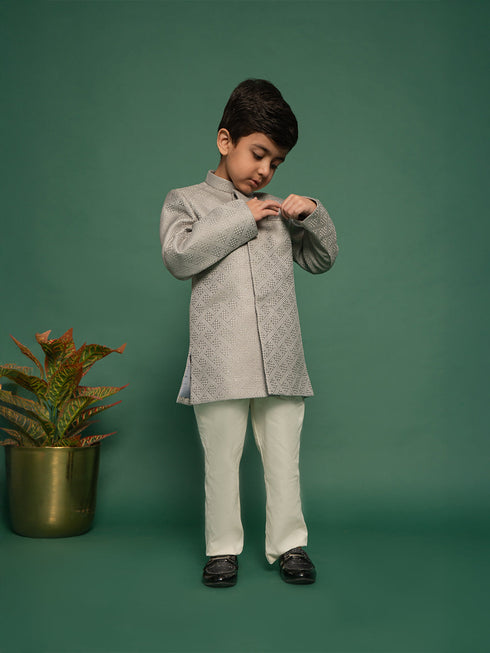 Boy's Silver Indo Western And Pyjama Set