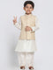 Boys Beige Cotton Silk Blend Kurta, Waistcoat and Pyjama Set