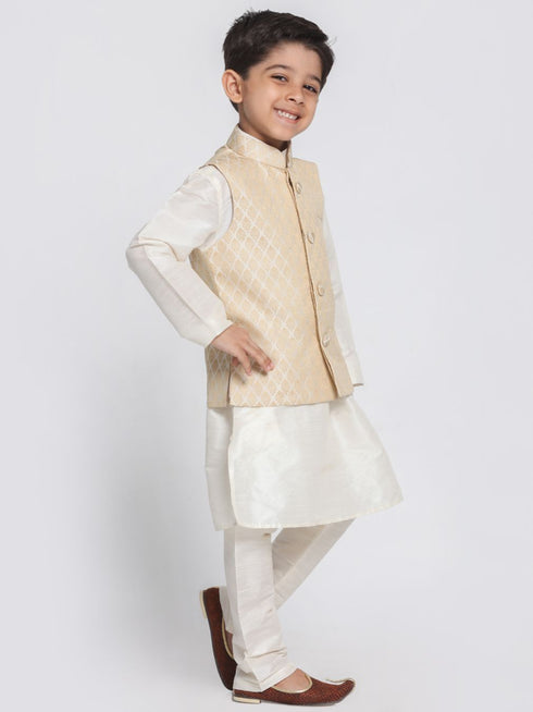 Boys Beige Cotton Silk Blend Kurta, Waistcoat and Pyjama Set