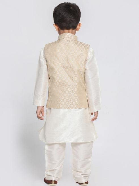 Boys Beige Cotton Silk Blend Kurta, Waistcoat and Pyjama Set