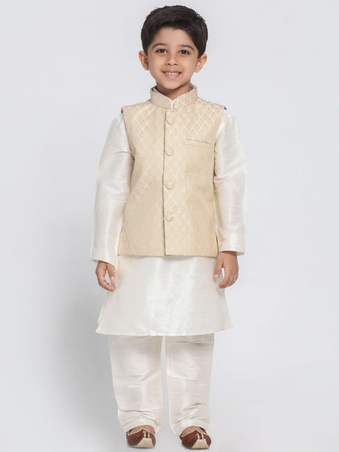 Boys Beige Cotton Silk Blend Kurta, Waistcoat and Pyjama Set