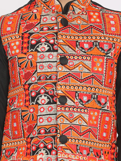 Boy's' Orange And Black Nehru Jacket