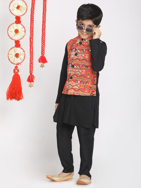 Boy's' Orange And Black Nehru Jacket
