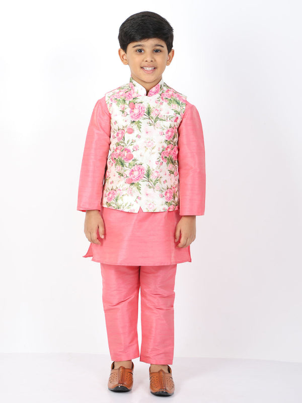 Boy's Floral Printed Nehru Jacket With Silk Blend Solid Kurta Pyjama Set