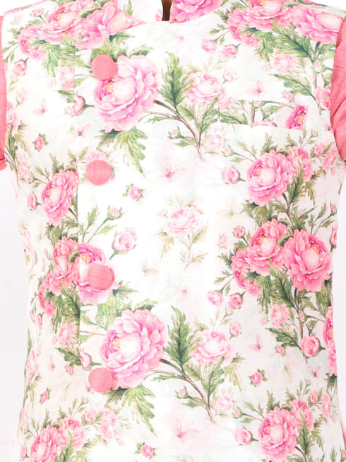 Boy's Floral Printed Nehru Jacket With Silk Blend Solid Kurta Pyjama Set