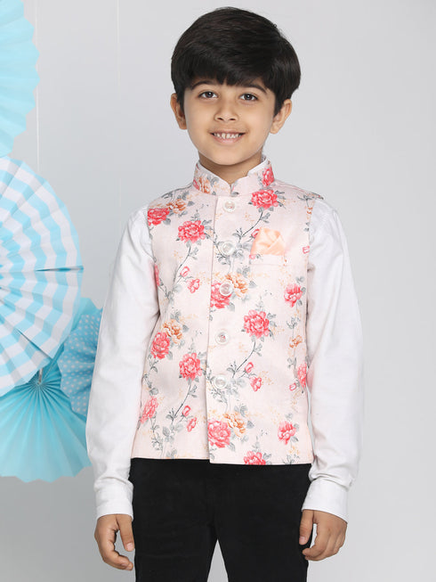 Boy's Multicolor-Base-Peach Floral Printed Nehru Jacket