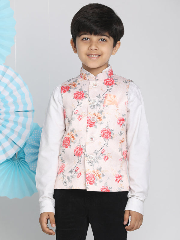 Boy's Multicolor-Base-Peach Floral Printed Nehru Jacket