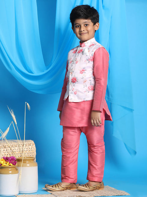 Boy's Peach Floral Print Jacket With Pink Kurta And Pyjama Set