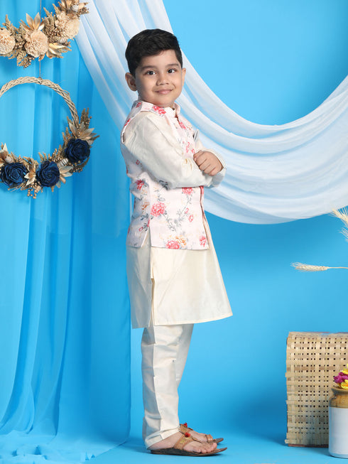 Boy's Peach Floral Printed Nehru Jacket With Cream Color Kurta And Pyjama Set