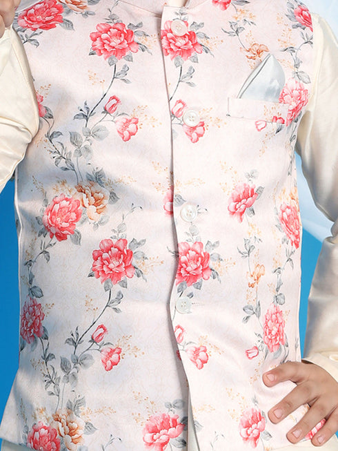 Boy's Peach Floral Printed Nehru Jacket With Cream Color Kurta And Pyjama Set