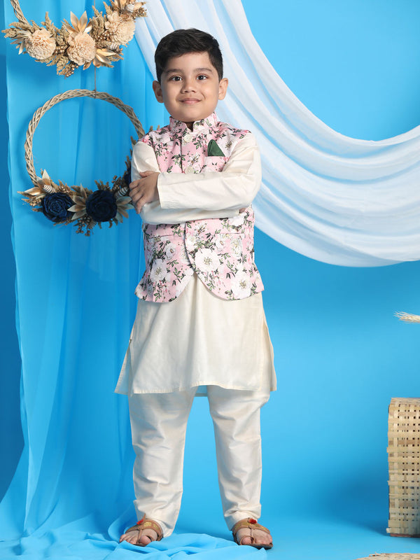 Boy's Pink Floral Printed Nehru Jacket With Cream Color Kurta And Pyjama Set
