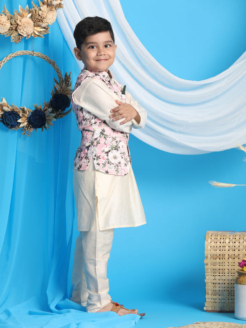 Boy's Pink Floral Printed Nehru Jacket With Cream Color Kurta And Pyjama Set