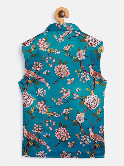 Boy's Turquoise Blue & Green Printed Nehru Jacket