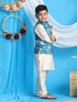 Boy's Turquoise Blue & Green Printed Nehru Jacket With Cream Color Kurta And Pyjama Set