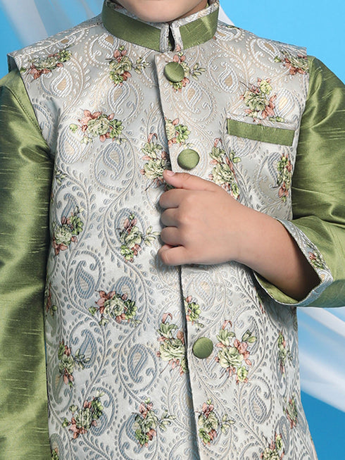 Boy's Green Floral Jacquard Jacket With Silk Kurta And Pyjama Set